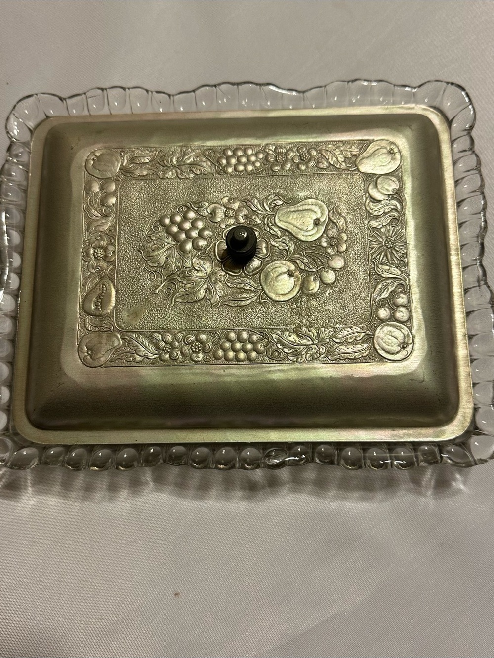 Vintage glass relish dish with with aluminum lid with fruit design